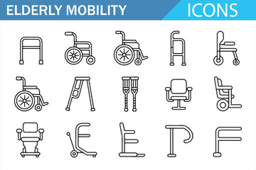 Collection of Elderly Mobility Assistance Icons for Healthcare Designs
