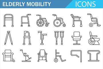 Set of Elderly Mobility Icons in Simple Line Art Style, Featuring Wheelchairs, Walkers, Crutches, and Other Aids for Elderly People