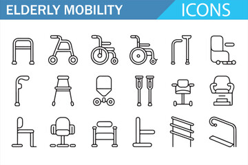 Set of Simple Line Art Elderly Mobility Aids Icons for Healthcare