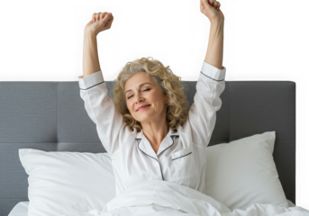 Happy woman stretching in bed after waking up isolated on transparent background