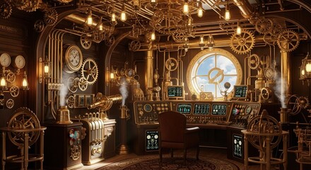 Fototapeta premium Ornate Steampunk Control Room - Intricate Gears, Warm Brass Glow, and Grand Circular Window.