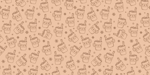 Coffee cup, marshmallow, hot drink with cinnamon stick. Seamless pattern. Mug, cocoa, tea. A cozy set of linear icons. Drawings, doodles. Repeating vector background.