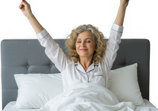 Happy senior woman stretching in bed after waking up isolated on transparent background