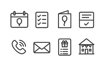 Birthday Planning Icons. Outline icon set of birthday invitations and planning: calendar, checklist, invitation card, RSVP, phone call, email, gift list, party