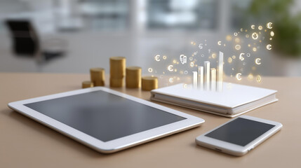 Flat lay of a modern workspace with tablet, smartphone, and notebook, surrounded by floating financial icons like currency symbols, bar charts, and coins, symbolizing budgeting, personal finance