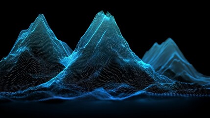 Digitally rendered mountain range with glowing blue mesh against a black backdrop