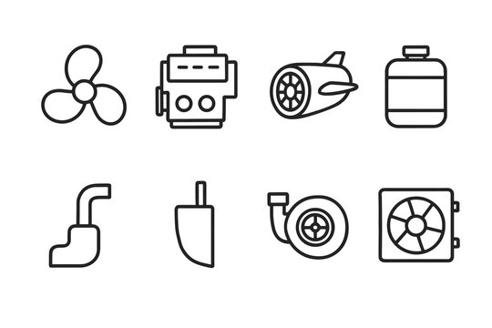Naval Propulsion Icons. Outline icon set of gunboat propulsion and engines: propeller, diesel engine, jet engine, fuel tank, exhaust pipe, rudder,