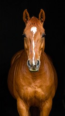 Fototapeta premium Frontal portrait of a chestnut horse, with a white blaze, against black