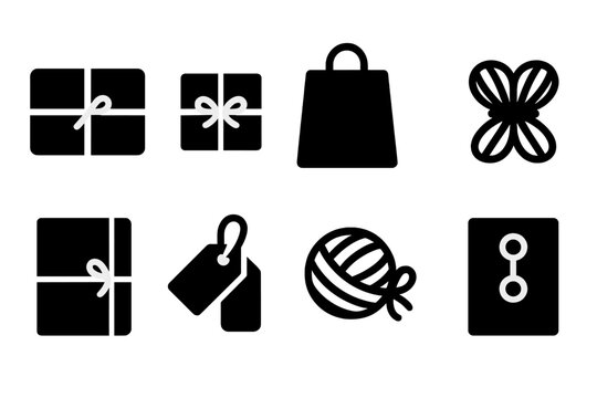 String Packaging Icons. Solid, filled icon set of string packaging: wrapped parcel, tied box, string handle bag, bundled cords, tied notebook, hanging tags,