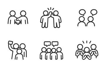 Crowd Interaction Icons. Outline icon set of crowd interaction: handshake, high five, group hug, people talking, crowd selfie, group photo, crowd chanting,
