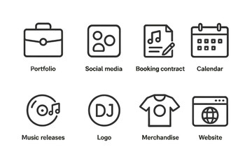 DJ Career Icon Set. Outline icon set of DJ career tools: portfolio, social media, booking contract, calendar, music releases, logo, merchandise, website. [Line