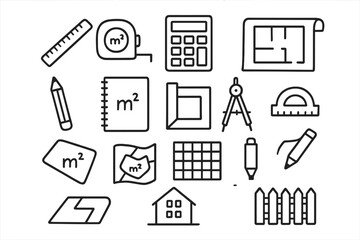 Measurement Tools Doodles. Hand-drawn doodle illustration area calculation tools ruler, tape measure, calculator, blueprint, pencil, notebook, square, compass,