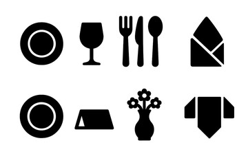 Banquet Table Icon Set. Solid, filled icon set of banquet hall table settings: dinner plate, wine glass, cutlery set, napkin fold, charger plate, place card,