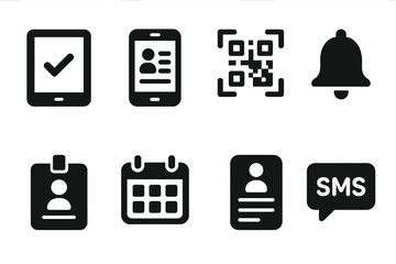 Digital Guest Management Icons. Solid, filled icon set of digital guest management: tablet check-in, guest list app, QR scanner, notification bell, digital