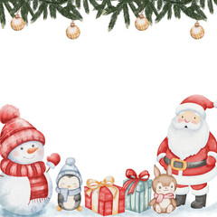 Cute watercolor Christmas illustration featuring Santa Claus, snowman, penguin, rabbit, gift boxes, fir branches, and decorations. Festive template with space for text on white background.