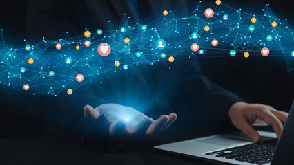 Social media interaction digital icons floating show concept of social media marketing. Online engagement, influencer marketing, and modern connection technology. Elide