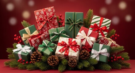 Festive Christmas Gift Pile - Red, Green, and White Presents with Pinecones and Bokeh Lights.