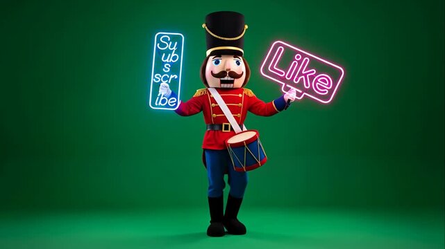 Nutcracker Drummer Mascot Holding Neon Signs - A vibrant nutcracker mascot stands against a green background, joyfully holding a neon sign that reads "Subscribe" in one hand and "Like" in the other.