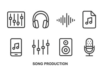 Music Production Icons. Outline icon set of song production: mixing console, headphones, sound wave, audio file, music app, equalizer, studio