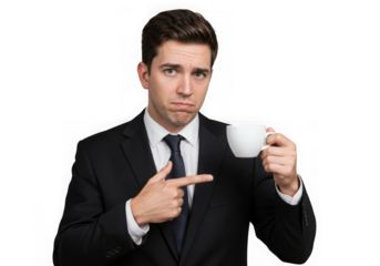 Man in suit holding coffee cup with disappointed expression isolated on transparent background