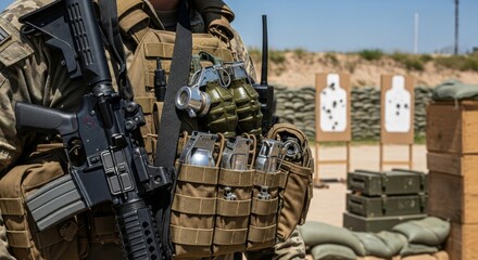 Armed Soldiers at Firing Range, Tactical Gear, Targets in Sunlight, Military Training.