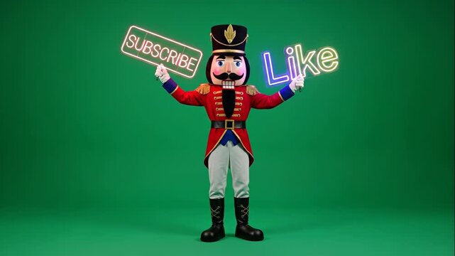 Nutcracker King Mascot Promoting Engagement - A vibrant Nutcracker King mascot stands against a green background, holding neon signs that read "Subscribe" and "Like" in each hand.