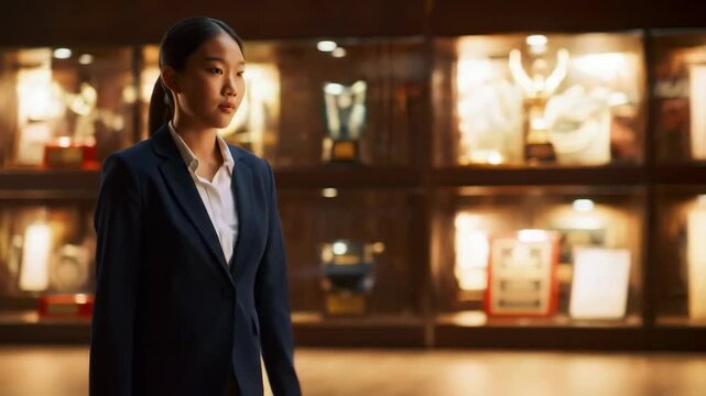 Young professional standing in front of trophy display case