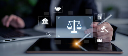 Legal compliance and governance concept showing justice scale, courthouse, contract, policy,...