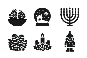 Holiday Centerpiece Icons. Solid, filled icon set of holiday centerpieces: pinecone bowl, snow globe, menorah, pumpkin arrangement, Easter nest, Christmas