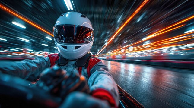 A dynamic and fast-paced image of a go-kart racer in motion within an indoor go-karting track at night.
