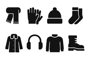 Fototapeta premium Winter Clothing Icons. Solid, filled icon set of warming clothing and accessories: scarf, gloves, hat, thermal socks, coat, earmuffs, sweater, boots. Solid,