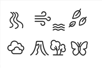 Naklejka premium Nature Movement Icons. Outline icon set of natural movement: flowing river, blowing wind, rolling waves, falling leaves, drifting clouds, flowing lava, swaying
