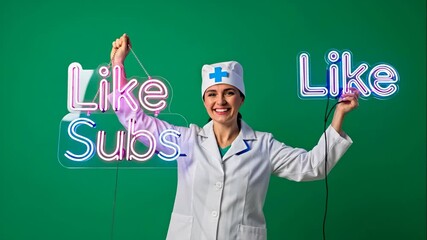 Cheerful Pharmacist Promoting Subscription and Likes - A smiling pharmacist holds two neon signs, one displaying the word "Like" and the other "Subs," against a vibrant green background.