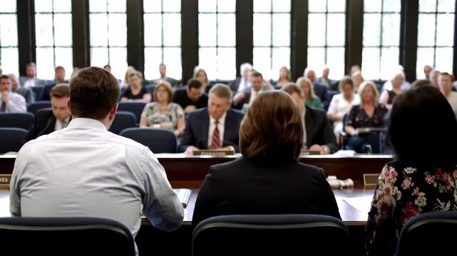 Audience in a conference room listening to a speaker presentation