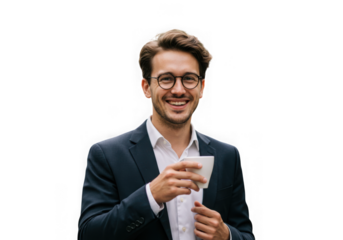 Smiling man in suit holding coffee cup isolated on transparent background