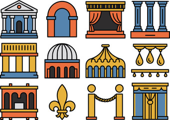 Flat design vector illustration of classical architecture elements, ancient columns, decorative arches, theatre stage