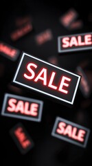 black background, floating price tags with bold text SALE, Black Friday shopping, shop