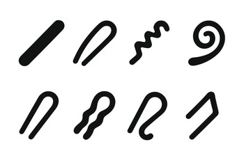 Obraz premium Hairpin Icon Set. Solid, filled icon set of hairpin shapes: straight, curved, zigzag, spiral, looped, twisted, hooked, angular. Solid, filled icons in only