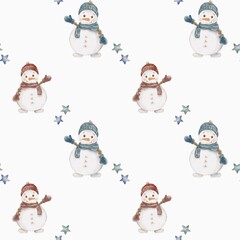 Cute snowman pattern in watercolor design for festive wrapping and textile use