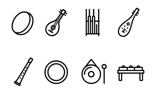 Malaysian Instrument Icons. Outline icon set of Malaysian musical instruments: kompang drum, gambus lute, angklung bamboo, sape lute, serunai flute, rebana