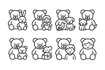 Obraz premium Teddy Companions Outline Icons. Outline icon set of teddy bear companions: teddy with bunny, teddy with doll, teddy with puppy, teddy with kitten, teddy with