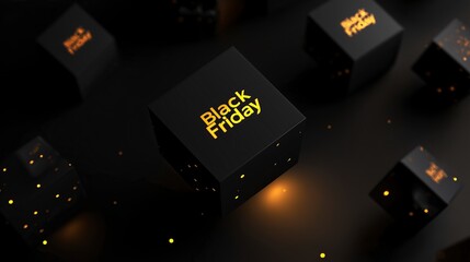 black gift boxes scattered on dark background, bold glowing text "Black Friday" sale and shopping