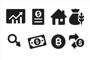 Investment Instruments Icons. Solid, filled icon set of fund investment instruments: stocks, bonds, real estate, commodities, derivatives, cash,