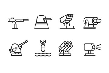Gunboat Weapons Icons. Outline icon set of gunboat weapons systems: machine gun, cannon turret, missile launcher, torpedo tube, anti-aircraft gun, depth