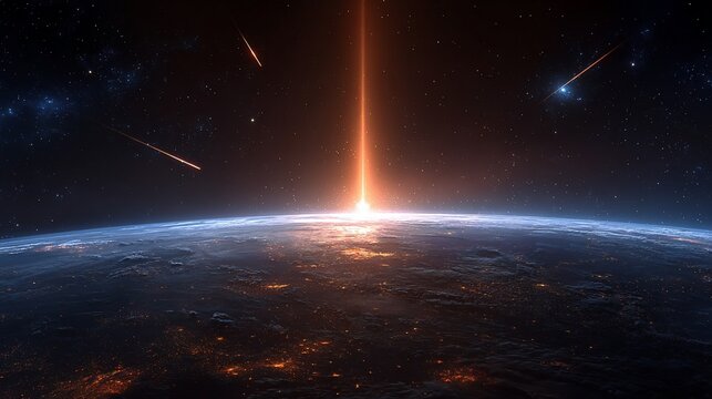 Earth view with a brilliant beam of light ascending into cosmos. Meteors cross the sky