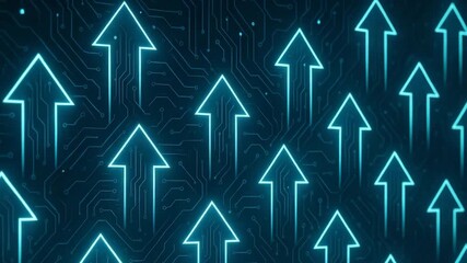 Futuristic digital circuit pattern with glowing arrows, symbolizing progress and innovation in technology and data processing. - Powered by Adobe