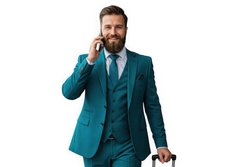 Fototapeta premium Man in teal suit talking on phone isolated on transparent background