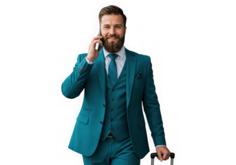 Man in teal suit talking on phone isolated on transparent background
