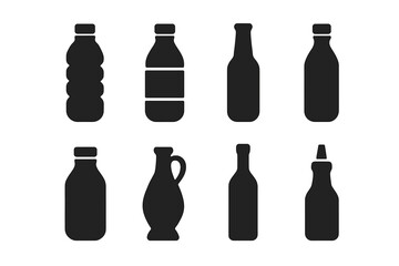 Bottle Icon Grid. Solid, filled icon set of bottle contents: water bottle, juice bottle, beer bottle, soda bottle, milk bottle, oil bottle, wine bottle, sauce