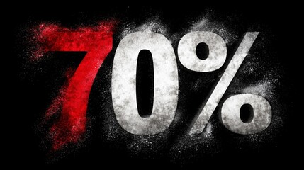 numbers "-70%" on black Friday sale with glowing particles, neon red and white, dark background